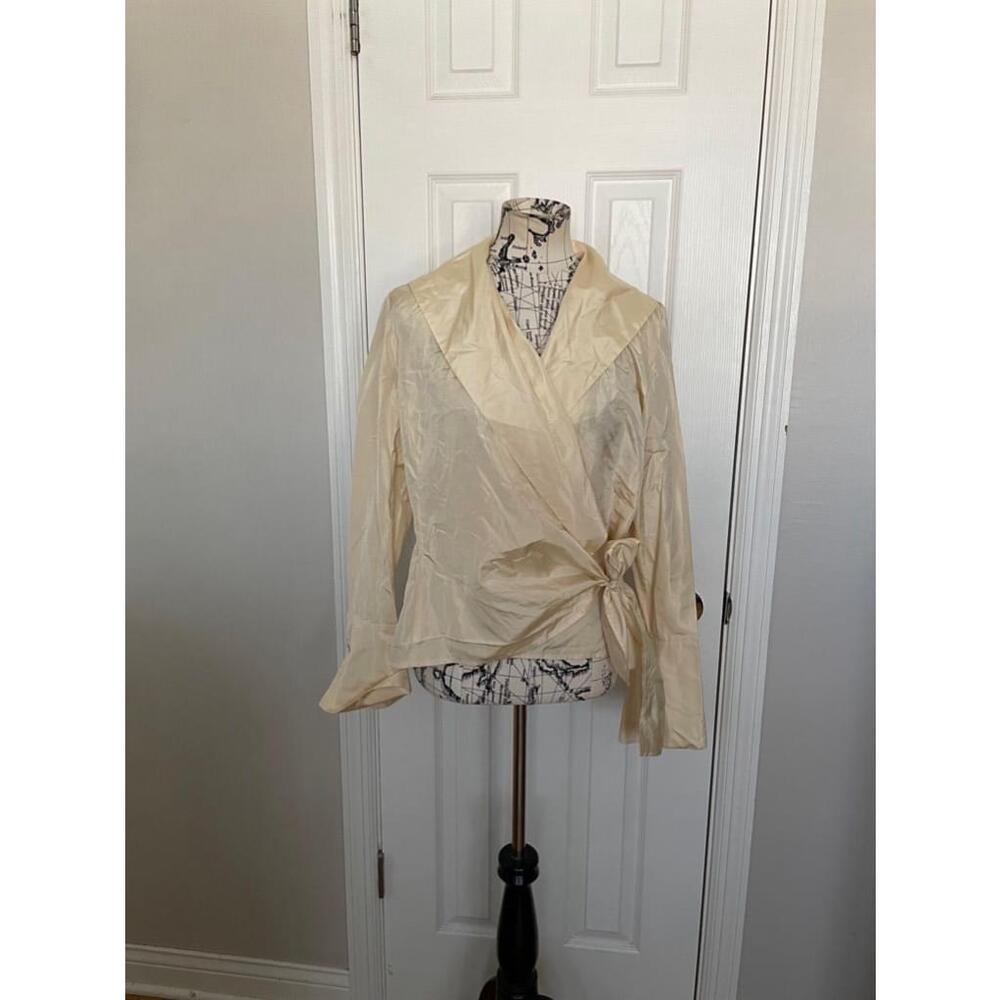 🔽NWT Dana Buchman Vintage Y2K Silk Wrap Long Sleeve Blouse Cream Sz 12 tie